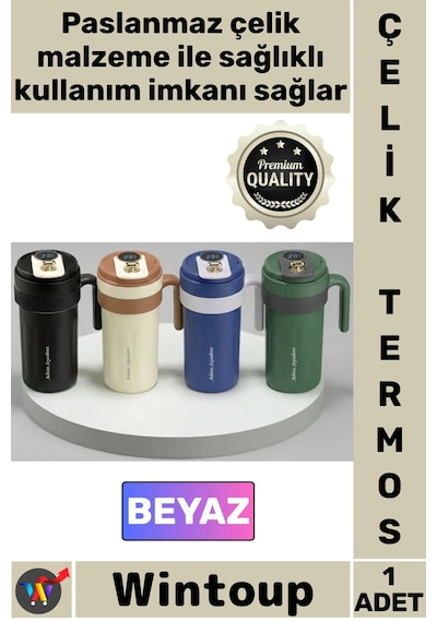 Termos Lüks Isı Sıcak Soğuk Sızdırmaz Akıllı Matara Dijital Göstergeli Kulplu Beyaz Çelik Termos Çok Renkli