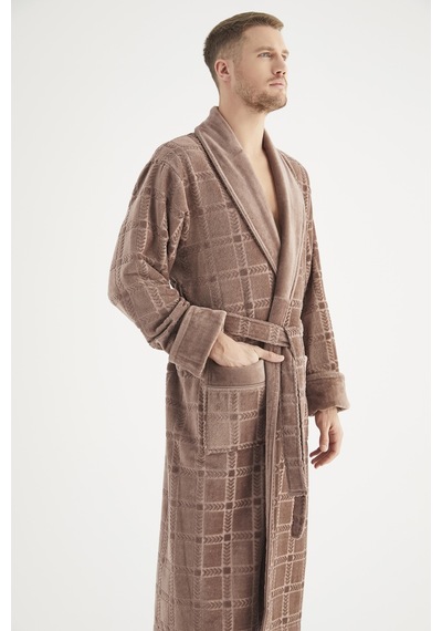 Jakarlı %100 Cotton Erkek Bornozu Kahve