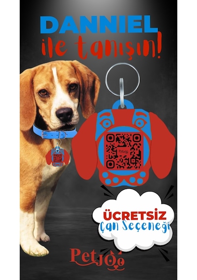 Petjoo 21.Danniel Kırmızı-Mavi Qr'lı Köpek Künyesi
