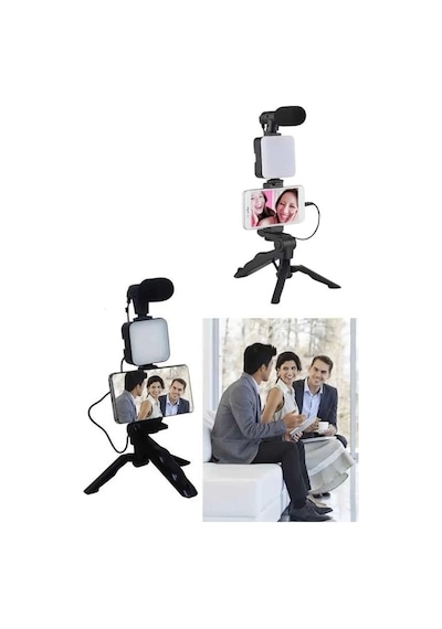 Telefon Tutucu Led Işıklı Kumandalı Mikrofon Telefon Vlog Video Kayıt