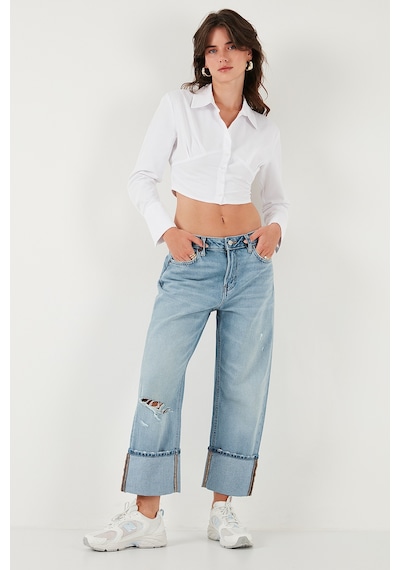Lela Fitted Fit Pamuklu Korse Detaylı Uzun Kollu Crop Bayan Gömlek 611Go00376 Beyaz