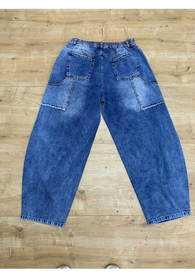 Büyük Beden Denim Beli Lastikli Taşlı Yırtık Detaylı Bol Kesim Kadın Pantolon Mavi