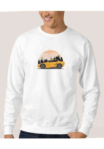 Araba Şehir Turu Baskılı Beyaz Erkek Örme Sweatshirt