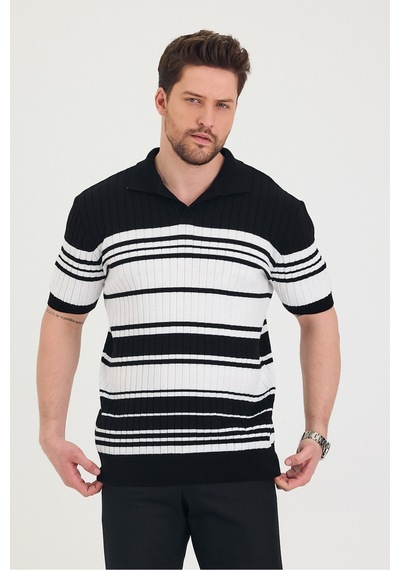 Cool Tarz Erkek Polo Siyah Beyaz Çizgi Detaylı Triko T-shirt Siyah Siyah