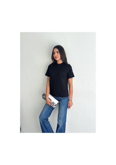 Fiolin Beyaz Ve Siyah Dik Yaka 2'li Paket Basic Örme T-shirt Siyah - Beyaz