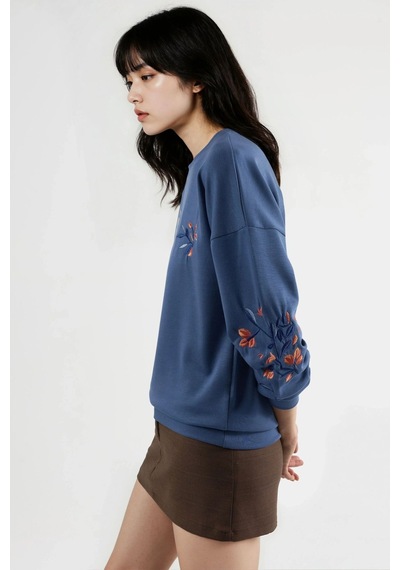 Hiccup Modal Dokulu İşlemeli Bisiklet Yaka Sweatshirt Berşan Collection Peygamber Çiçeği Mavisi