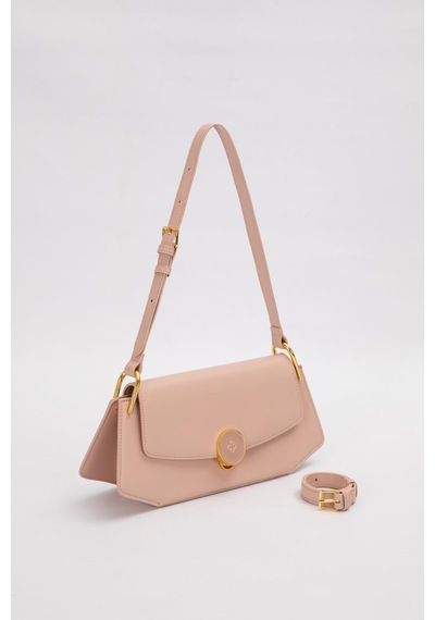 Pembe Oval Gold Aksesuarlı Omuz Çantası Pembe
