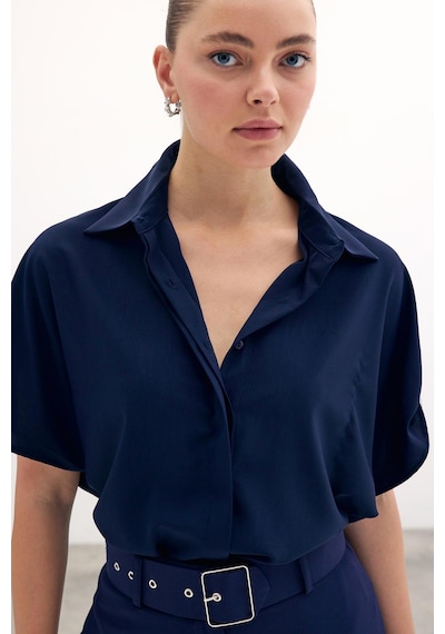 Sateen Kol Detaylı Salaş Gömlek - Lacivert-134584 Lacivert