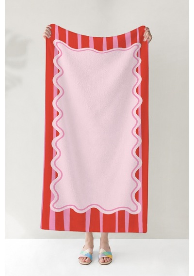 Çizgili Dalga Motifli Pembe Kırmızı Plaj Havlusu - Modern Şeker Tonlu Hızlı Kuruyan Mikrofiber Havlu Çok Renkli