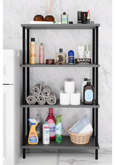 Çevir Kur Kolay Kurulum 4 Katlı Banyo Rafı Metal Gövdeli Çok Amaçlı Organizer Stand Banyo Dolabı Antrasit