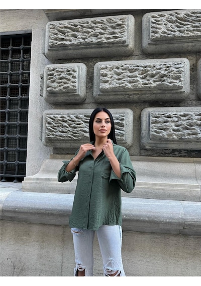 WeShaya Haki Kırışık Oversize %100 Pamuk Gömlek Haki