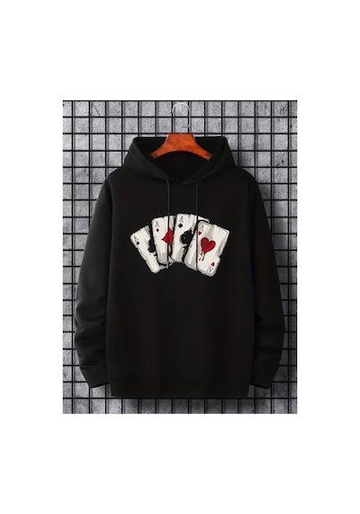 Medinenur İskambil Kart Desenli Kapüşonlu Sweatshirt siyah