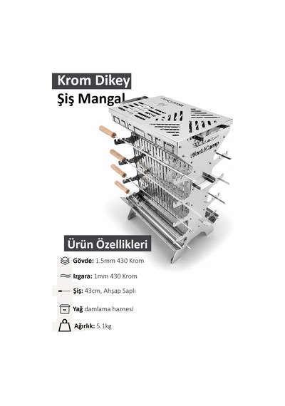 Krom Dikey Şiş Mangal 8 Şiş, Taşıma Çantalı