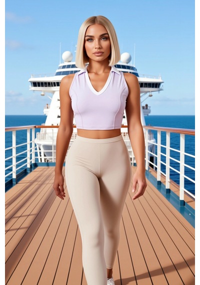 Benerly Kadın Bluz Spor Crop Polo Yaka Kolsuz Dalgıç Scuba Örme Kumaş Reg Lila