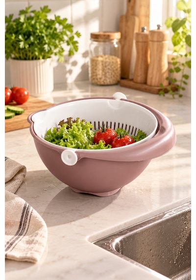 Porsima 1312 Aqua 360 Derece Döner Çift Katlı Mutfak Süzgeci 24 Cm - Kulplu Meyve, Sebze Ve Pirinç Yıkama Süzgeçli Kase Pudra Pudra Pembe