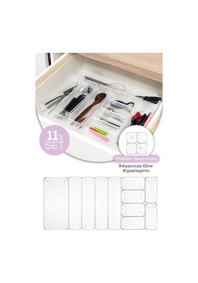 Vienev Çekmece İçi Kaşıklık - Dolap İçi Çatal-kaşık Bıçak Düzenleyici Organizer 11li Set Beyaz