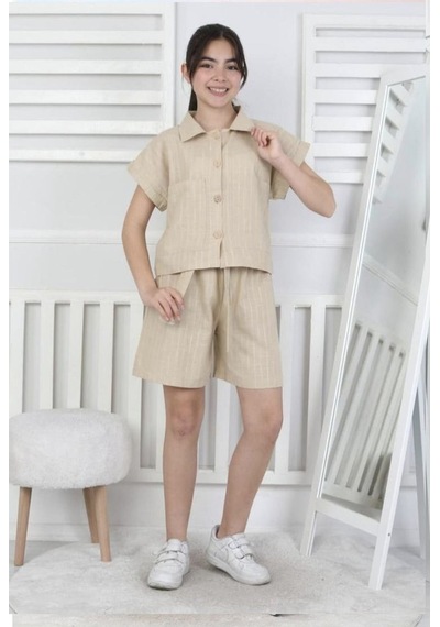 My Kids Wear Keten Kız Çocuk Alt Üst Takım Bej