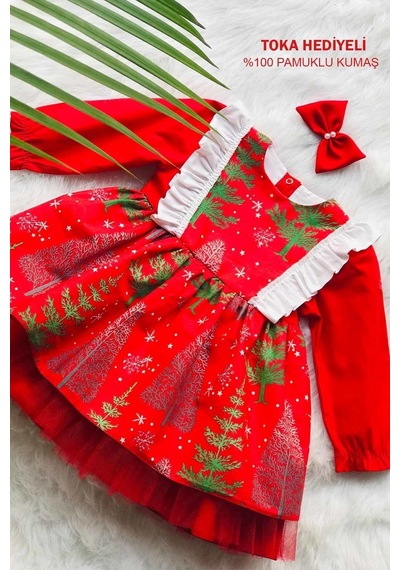 Yeniyıl Çam Ağaç Desenli Kırmızı Kız Çocuk Bebek Noel Elbise 001