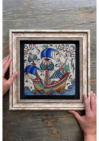 Oscar Stone Decor Çerçeveli Tablo Taş Duvar Dekoru 30 X 30 Cm Çini Seramik Gemi Çok Renkli