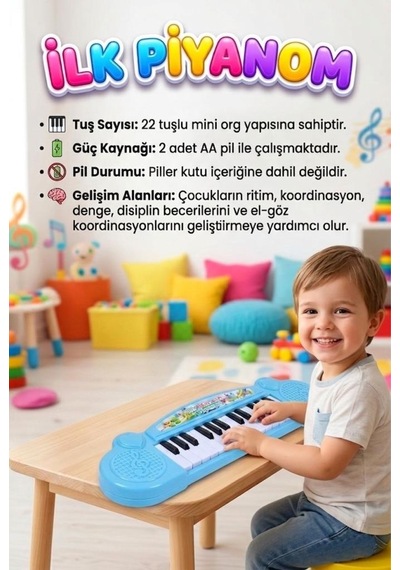 Küçük Elektronik Piyanom Sesli Pilli 22 Tuşlu Taşınabilir Eğlenceli Oyuncak Piyano