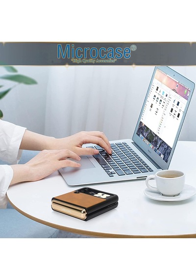 Samsung Uyumlu Galaxy Z Flip 3 Için Deri Desenli Plastik Kilif - Kahve 538281937