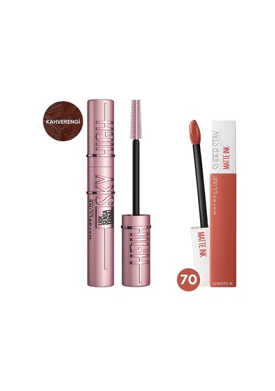 Maybelline New York Lash Sensational Sky High Kahverengi Maskara + Super Stay Matte Ink Likit Mat Ruj, 70 Amazonian, Kahverengi 0