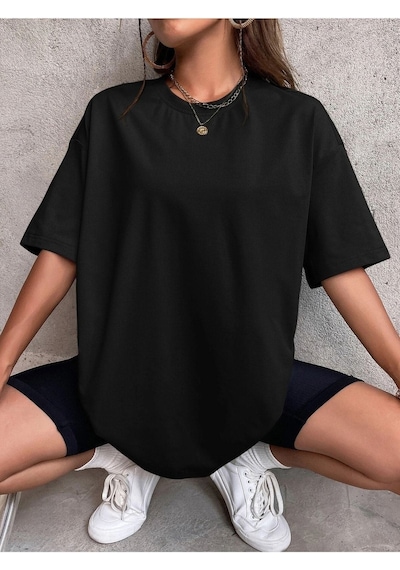Düz Basic T-shirt - Siyah Oversize Bisiklet Yaka Kısa Kol SIYAH