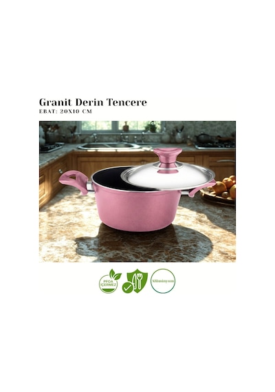 20 Cm Granit Derin Tencere Çelik Kapak - Mürdüm Mürdüm