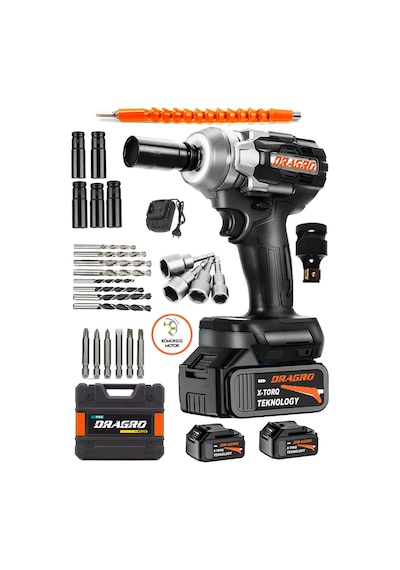 Dragro Alman 450NM DRG-598VF 20 AH Kömürsüz Çift Bataryalı Somun Sökme Sıkma Makinesi 32 Parça Full Setli Siyah