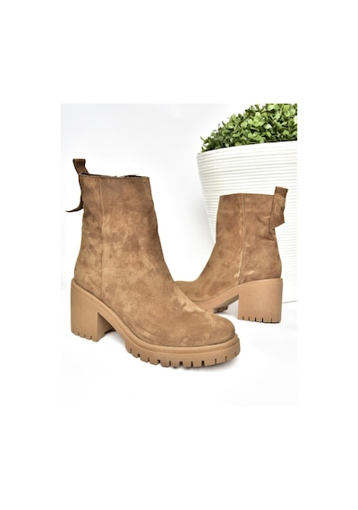 Fox Shoes R654006502 Taba Hakiki Deri Süet Kalın Topuklu Kadın Bot Taba