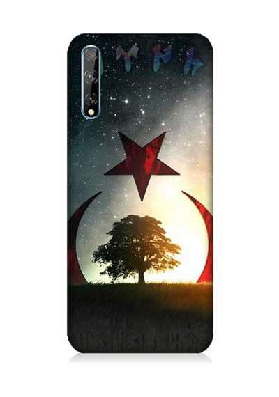 Huawei Y8p Uyumlu Göktürkçe Türk Ve Ağaç Bayrak Desenli Silikon Kılıf