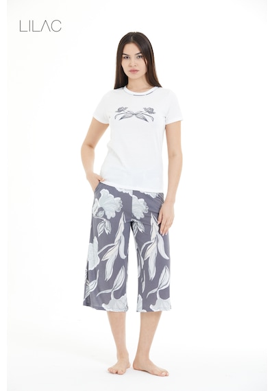 Lılac Kadın Çiçek Desenli %100 Viscon Capri Pijama Takımı Gri - Beyaz
