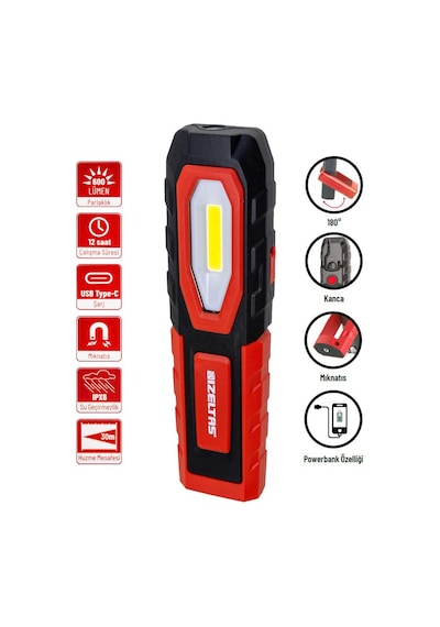 İzeltaş Cob Led Şarjlı Büyük Boy Çalışma Lambası 600 Lm Kırmızı - Siyah