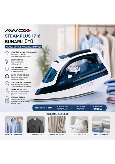 Koyu Mavi - Beyaz Buharlı Ütü Seramik Taban - 360 Hareketli Kablo - Buhar Ayarlama 2100w Steamplus-