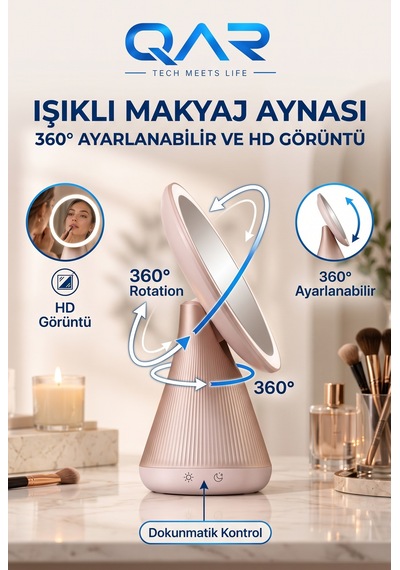 Şarjlı Yuvarlak Led Makyaj Aynası Dokunmatik 3 Renk Işıklı 360 Ayarlanabilir Masa Aynası Çok Renkli