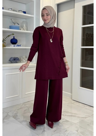 Rabia Şamlı Feryal Pantolonlu Triko Takım Bordo Normal