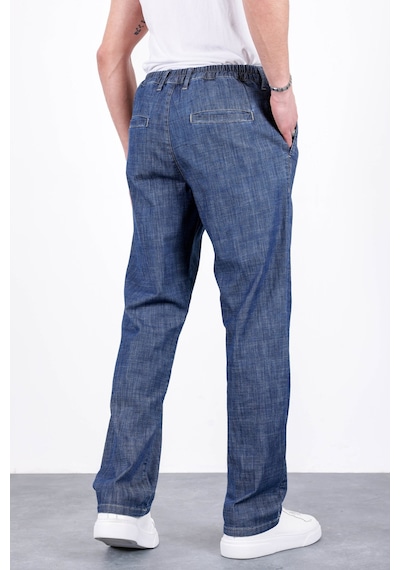 HLT Jeans Erkek Koyu Mavi Yazlık Çift Pileli Rahat Kesim Beli Lastikli Bol Paça Baggy Pantolon Albert-1994