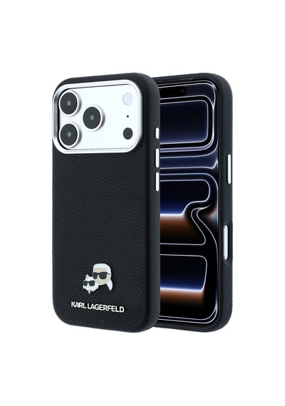 Apple Uyumlu iPhone 18 Pro Kılıf Karl Lagerfeld Lisanslı M-safe Özellikli K&c Heads Metal Logolu Pu Kapak Siyah