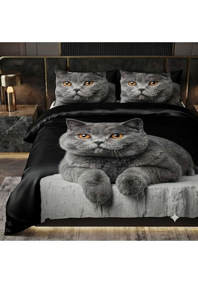 Özel Tasarım Marka Çift Kişilik Nevresim Takımı Organik Saten & Pamuk Luxury Premium Kumaş 240 260 Cm Ranforce Kedi Siyam İran Gri Açık Gri