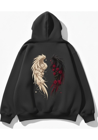 Uyguntarz Unisex Yumuşak Dokulu Güllü Kanat Baskılı Tasarım Oversize 3 İplik Hoodie Sweatshirt Gri
