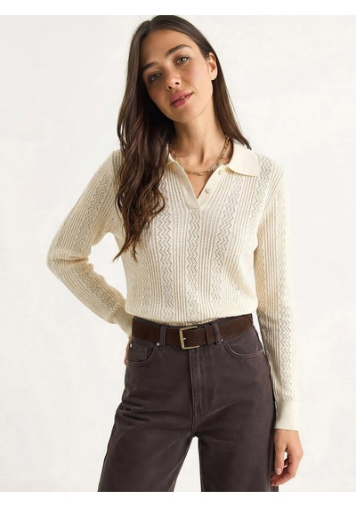 Shade Kadın Polo Yaka Patlı Regular Fit Triko Kazak 20258063 - Krem
