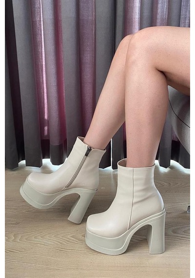 Kadın Krem 12 Cm Platform Topuklu Fermuarlı Bot Krem