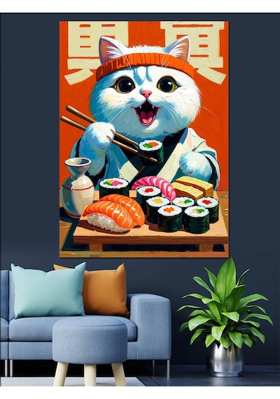 Ahşap Tablo Sushi Yiyen Sevimli Kedi