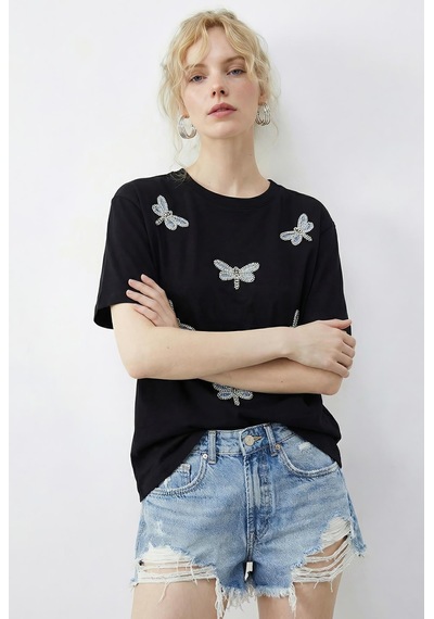 Shade Kadın Boncuk Taş İşlemeli Yusufçuk Desenli Rahat Kalıp T-shirt 2212 60283971 - Siyah