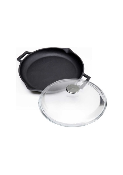 Lava Döküm Demir Çift Metal Kulplu Cam Kapaklı 26 CM Kızartma Tav