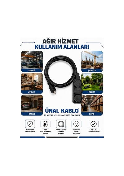 Ünal Kablo Sanayi Tipi Ağır Hizmet Uzatma Kablosu 30 Metre 3x2.5 Mm %100 Tam Bakır Seldur Kauçuk 3'lü Grup Priz Orel Kauçuk Fiş Ip54 Ip44 30 M
