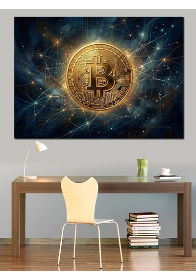 Galaksi İçinde Altın Bitcoin Logosu Dekoratif Kanvas - Mdf Ahşap Tablo