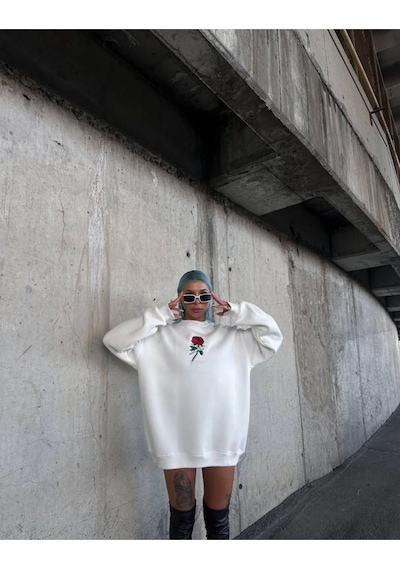 Oversize Üç İplik Bisiklet Yaka Baskılı Sweatshirt - Beyaz