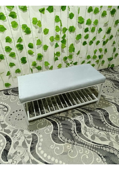 Özcan Metal Beyaz Metal Ayaklı Raflı Bench Puf Bank Antre Mutfak Salon Yatak Odası Puf Bank 105 40 Gümüş
