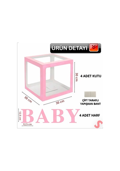 Baby Yazılı Şeffaf Balon Kutusu, 30cm X 4 Adetli Set - Pembe